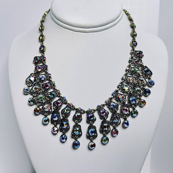 Kirks Folly Brass Tone And Multi Colored AB Rhinestone Bib Necklace (5995) - Picture 2 of 9